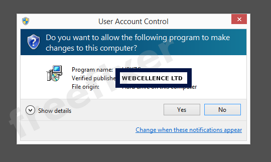 Screenshot where WEBCELLENCE LTD appears as the verified publisher in the UAC dialog